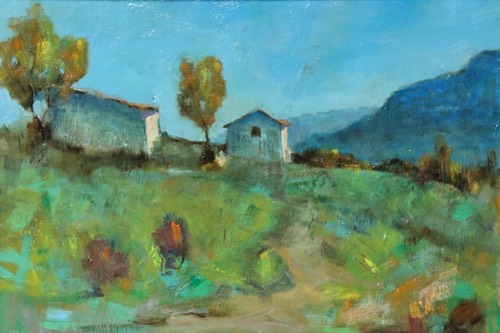 Alba in montagna, 2019 — Olio su tavola, 61×41 cm. Dipinto di Christian Nardi.