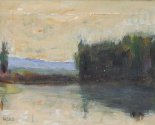 La quiete del lago, 2019 — Olio su cartoncino, 25×20 cm. Dipinto di Christian Nardi.