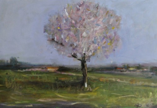 Mandorlo in fiore, 2008 — Olio su tavola, 50×35 cm. Dipinto di Christian Nardi.