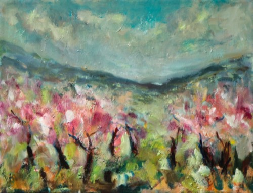 Peschi in fiore, 2025 — Olio su tela, 40×30 cm. Dipinto di Christian Nardi.